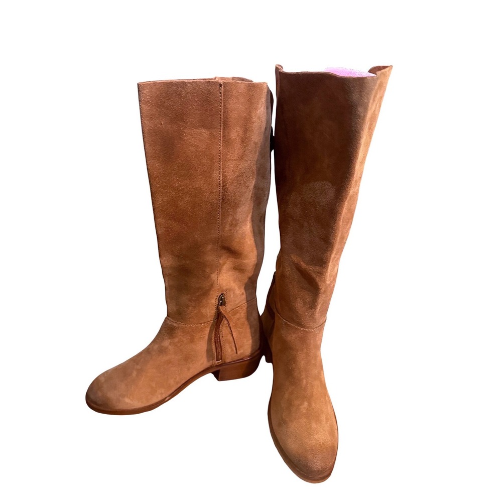 Naughty Monkey Cognac Suede Tall Knee High Block Heel Boots Size 8.5 Gold Detail